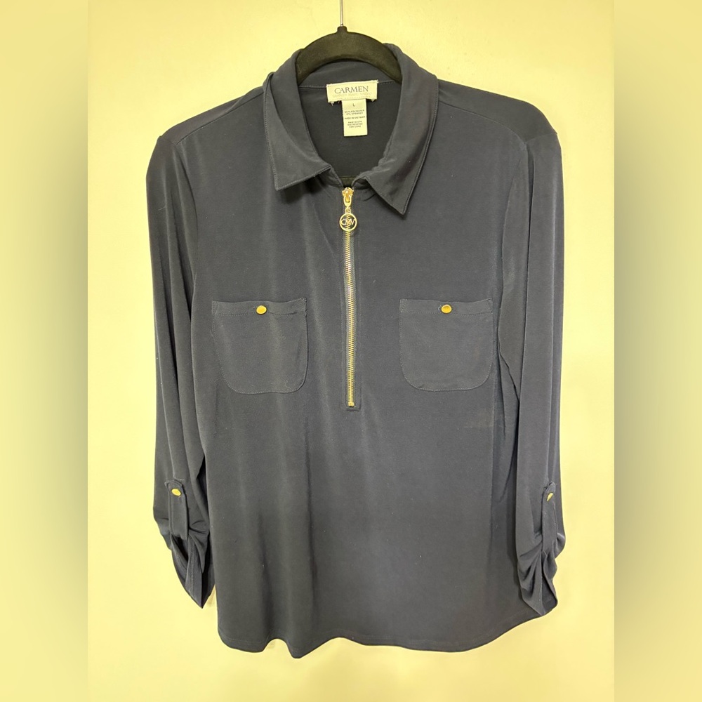 Carmen Marc Valvo Deep Blue Blouse with Gold Accents